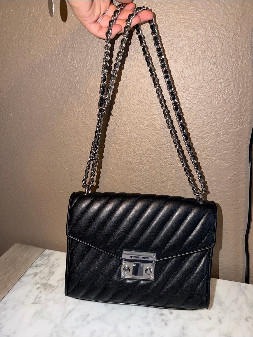 Michael Kors Black Quilted Shoulder Bag with Silver Chain